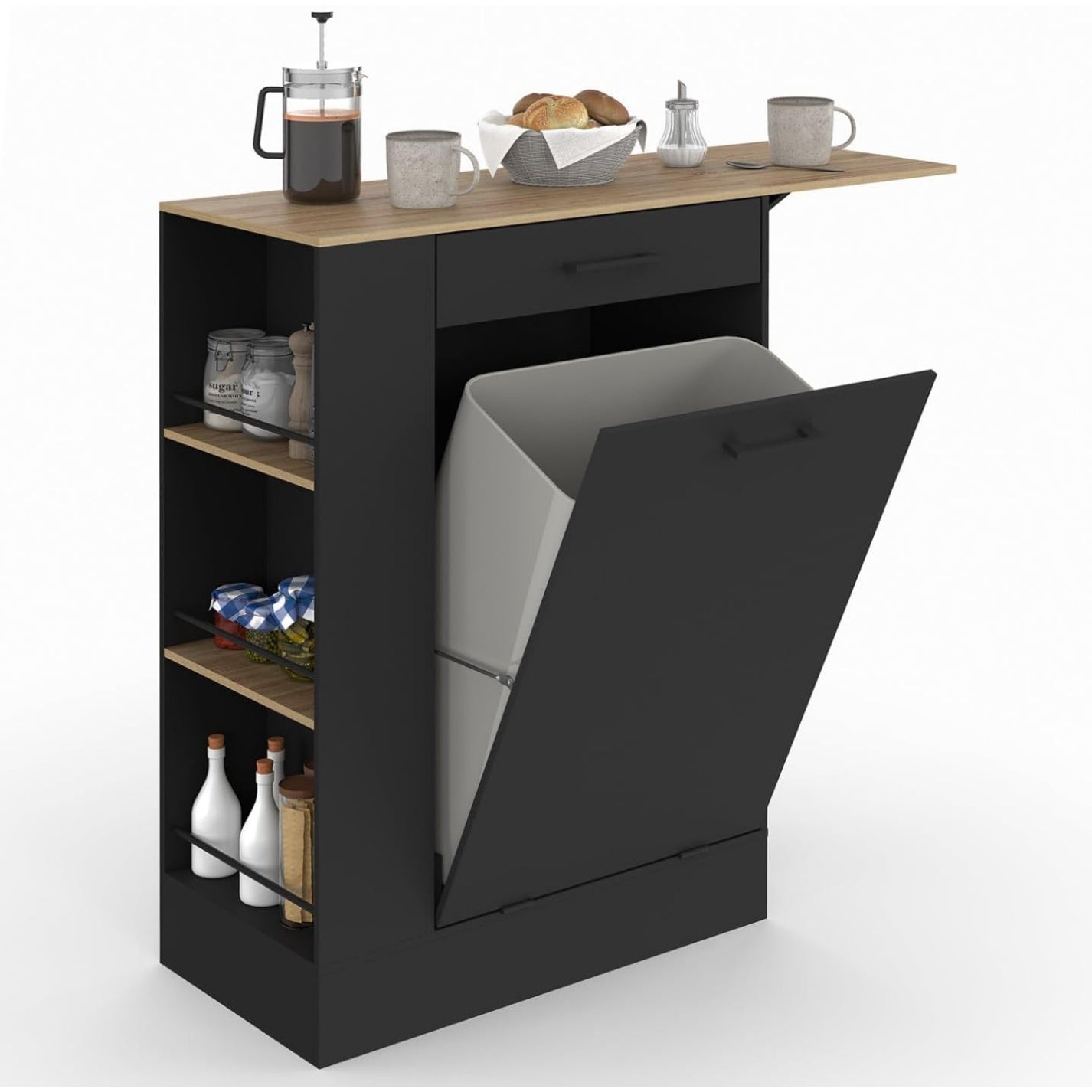 Bloc cuisine TIBO 90 cm avec emplacement poubelle, tablette pliante, tiroir et rangements lateraux noir bois