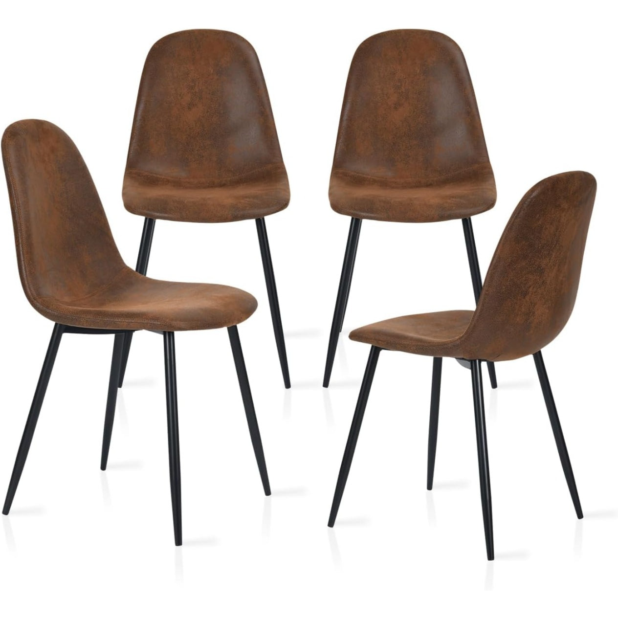 Ensemble de quatre fauteuils de salle a manger style scandinave, revetement suedine marron et pieds metalliques noirs