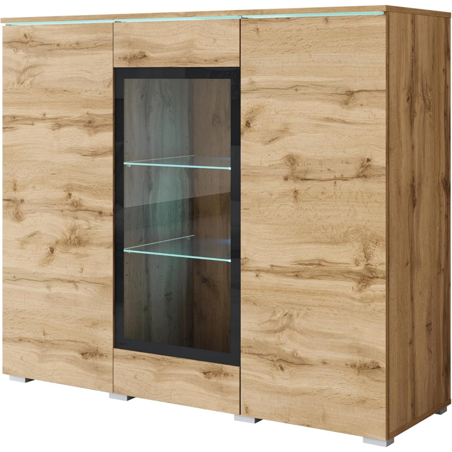 Commode moderne avec porte vitree, design elegant et espace de rangement adapte aux differents interieurs