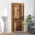 Cabinet haut effet bois vieilli 69,5 x 34 x 180 cm equipe de tiroirs et portes, meuble fonctionnel pour salon et salle a manger