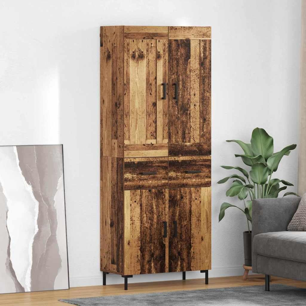 Cabinet haut effet bois vieilli 69,5 x 34 x 180 cm equipe de tiroirs et portes, meuble fonctionnel pour salon et salle a manger