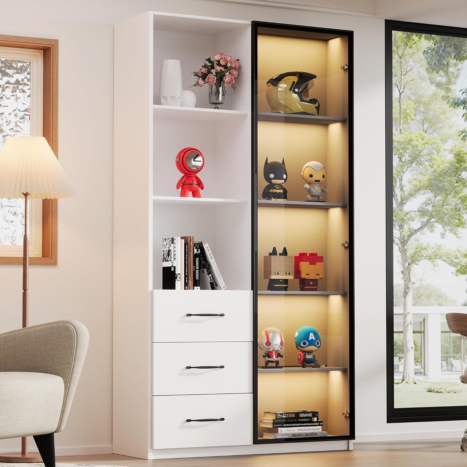 Vitrine blanche lumineuse 80 x 40 x 160 cm avec verre trempe, trois tiroirs et compartiments ouverts pour presentation et rangement