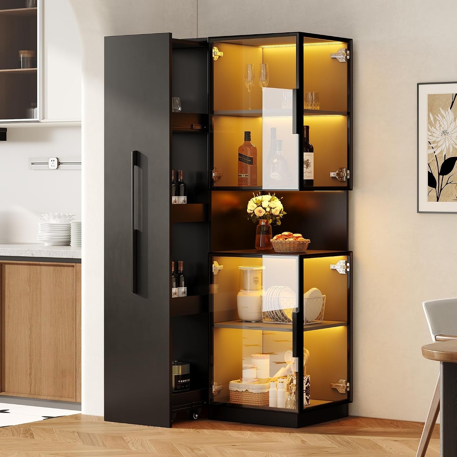 Vitrine noire 70 x 38 x 160 cm avec portes en verre double face, etagere coulissante et eclairage LED integre pour interieur