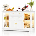 Buffet lumineux avec LED RGB multicolore, six niveaux de rangement, portes vitrees et tablettes reglables, finition blanche