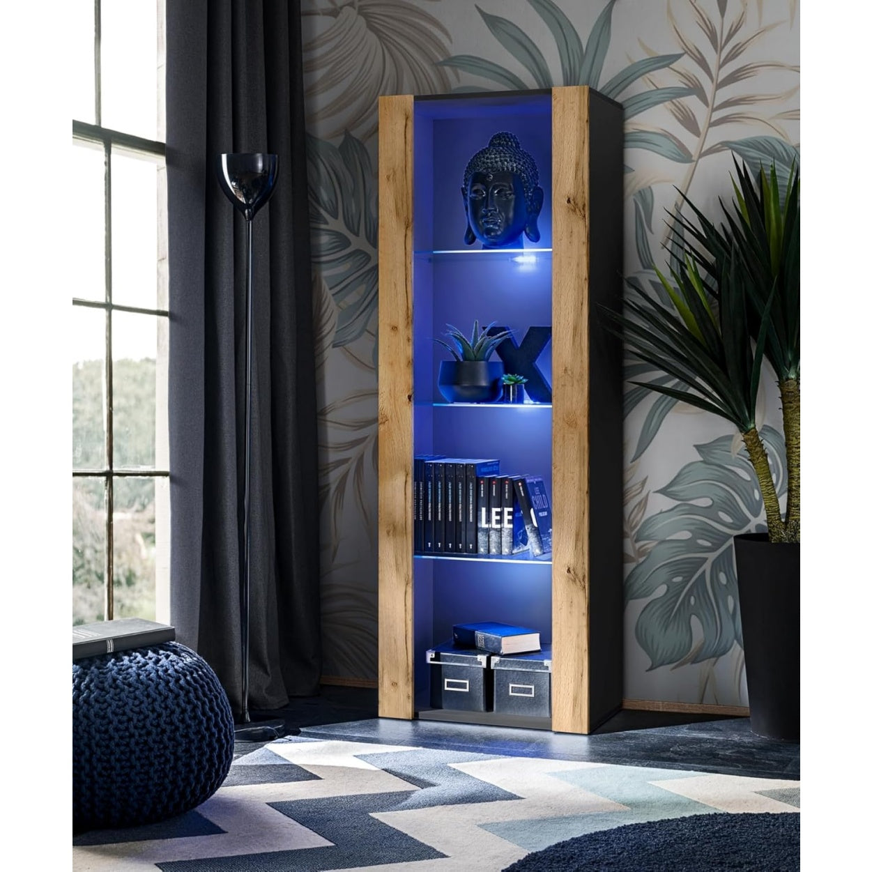 Vitrine noire effet bois 55 x 159 x 35 cm avec facade vitree, meuble haut decoratif pour interieur contemporain
