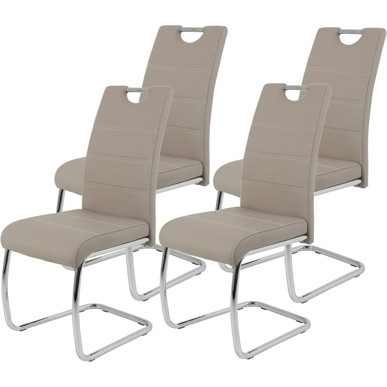 Lot de 4 chaises luge cappuccino en similicuir avec armature chromee et poignee pratique