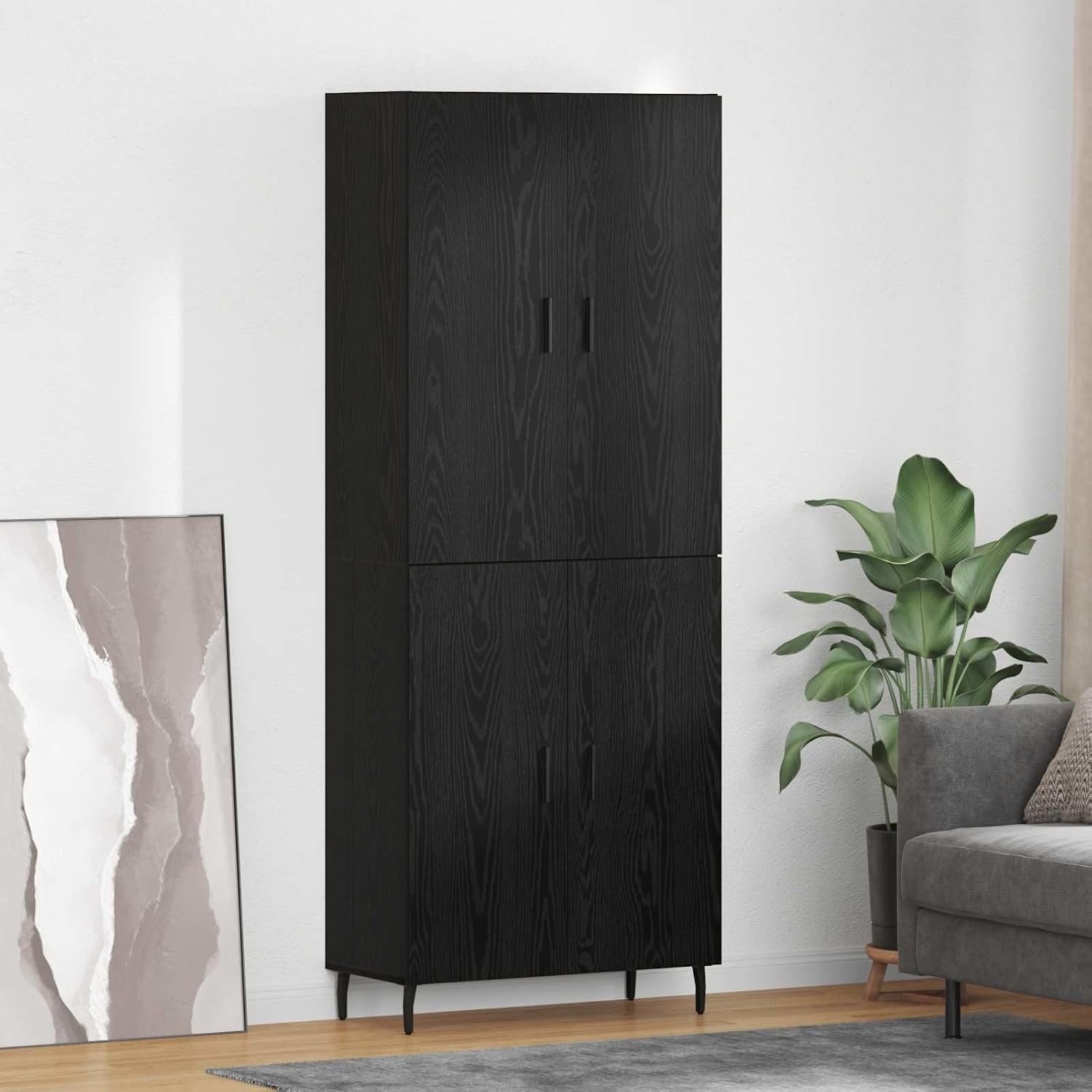 Ensemble de deux armoires chene noir avec elements en verre, meuble buffet avec stockage pour salon ou salle a manger
