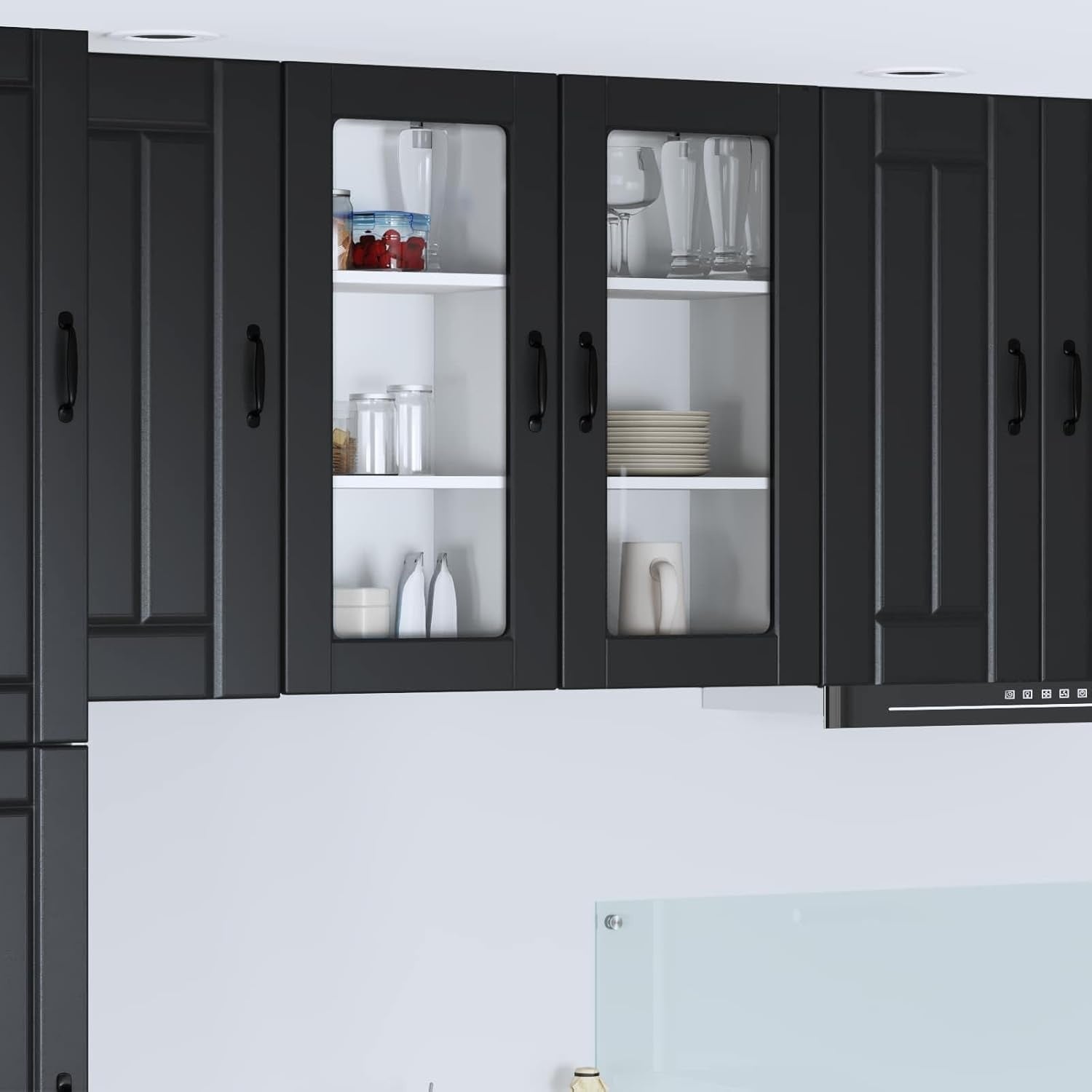 Ensemble de 2 armoires murales noires vitrees 40 x 31 x 80 cm avec portes et etageres pour cuisine ou salle a manger