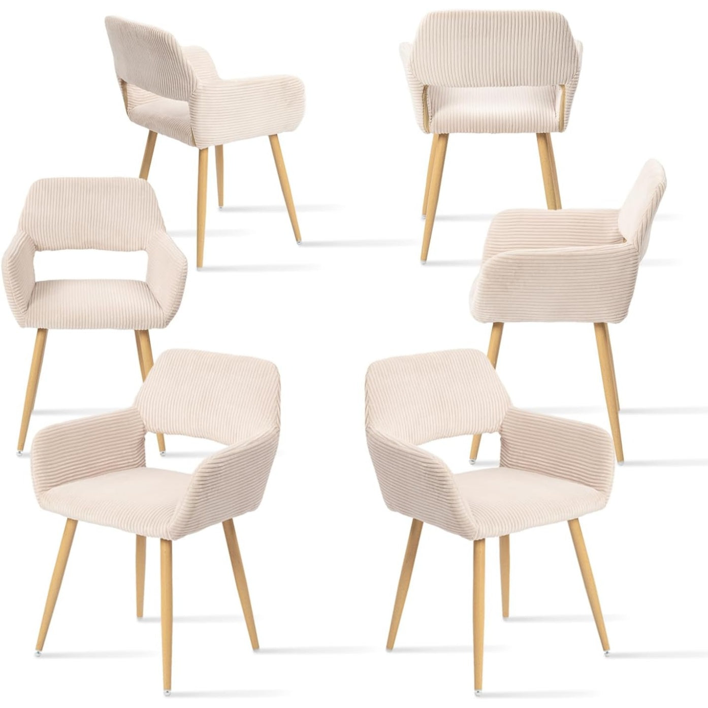 Lot de six fauteuils scandinaves en velours cotele beige clair avec pieds metalliques, assises confortables