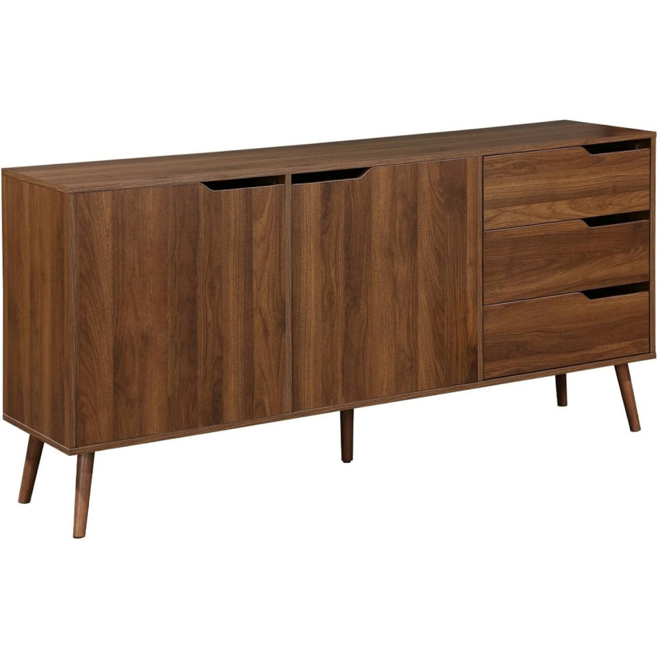 Vaisselier scandinave noyer 160 cm avec deux portes et trois tiroirs, meuble haut decoratif pour salle a manger