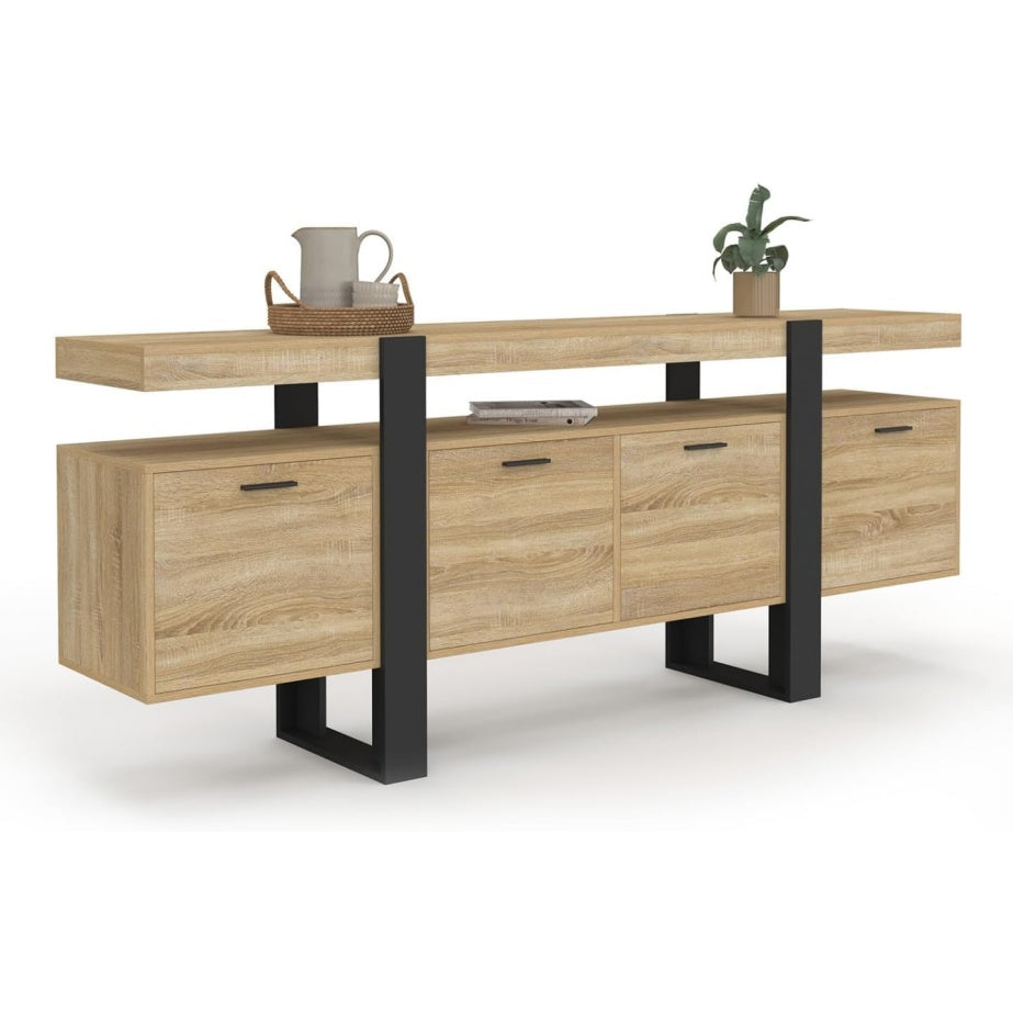 Enfilade XXL 200 cm bois noir avec quatre portes et niche ouverte