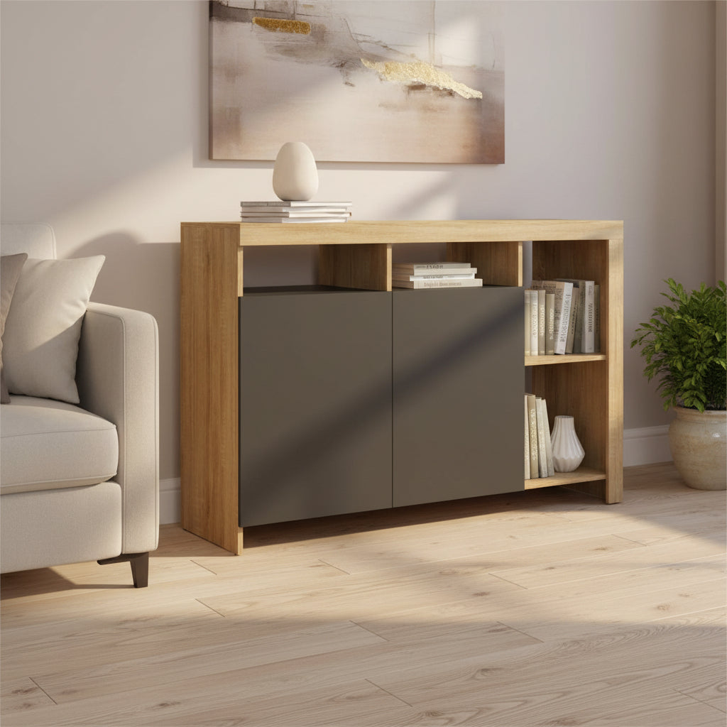 Meuble bas Malo 110 cm en finition hetre et noir, solution compacte pour organiser vos affaires quotidiennes