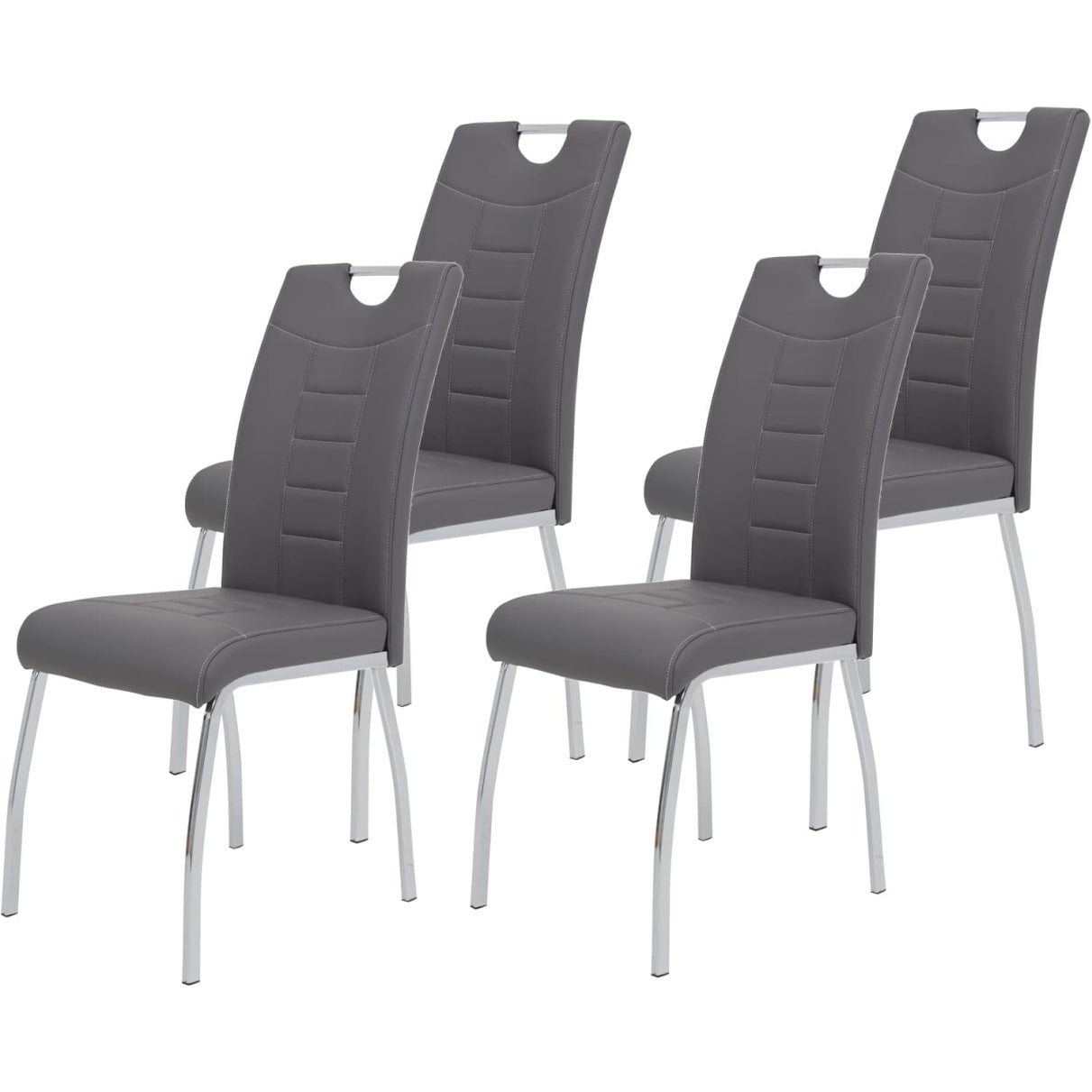 Ensemble de quatre chaises grises en similicuir avec cadre tubulaire chrome, design actuel pour espace repas