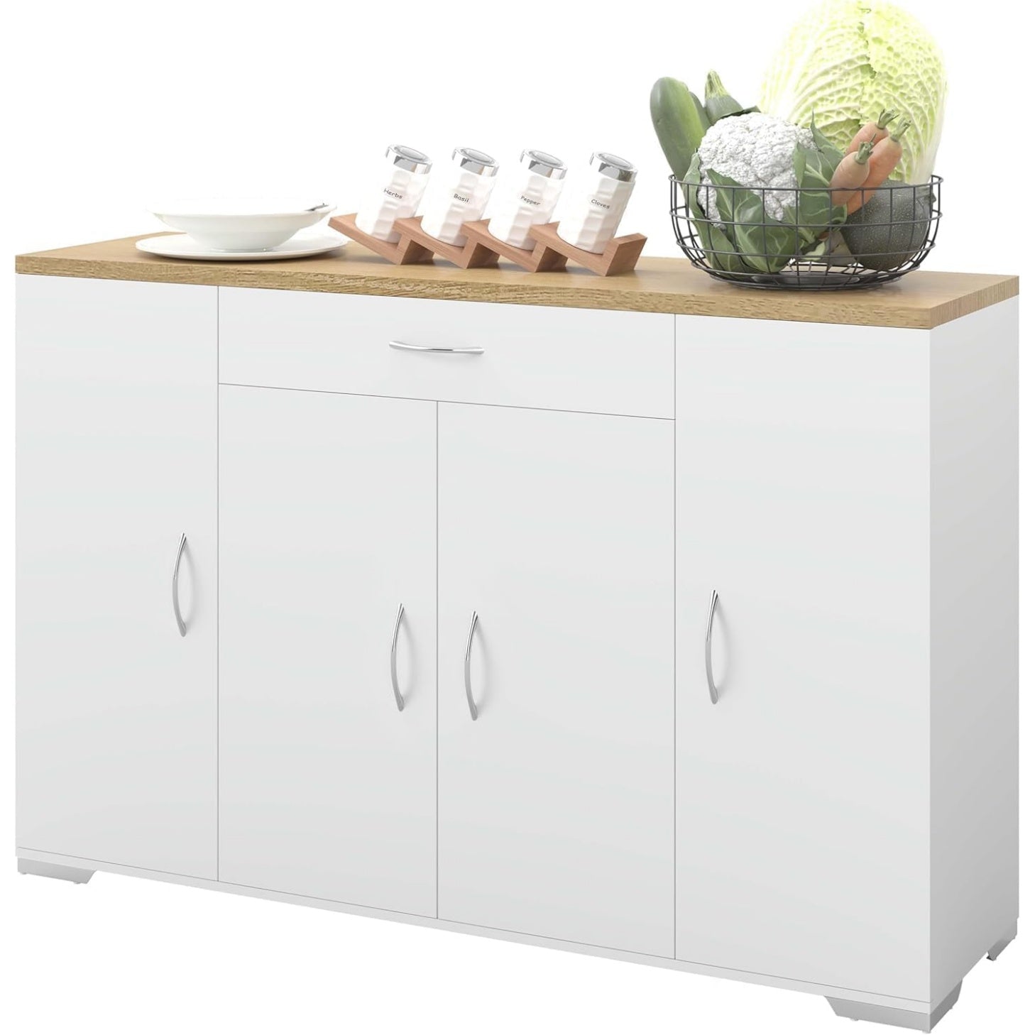 Buffet compact blanc 110 cm avec quatre portes et un tiroir, solution de rangement moderne pour interieur