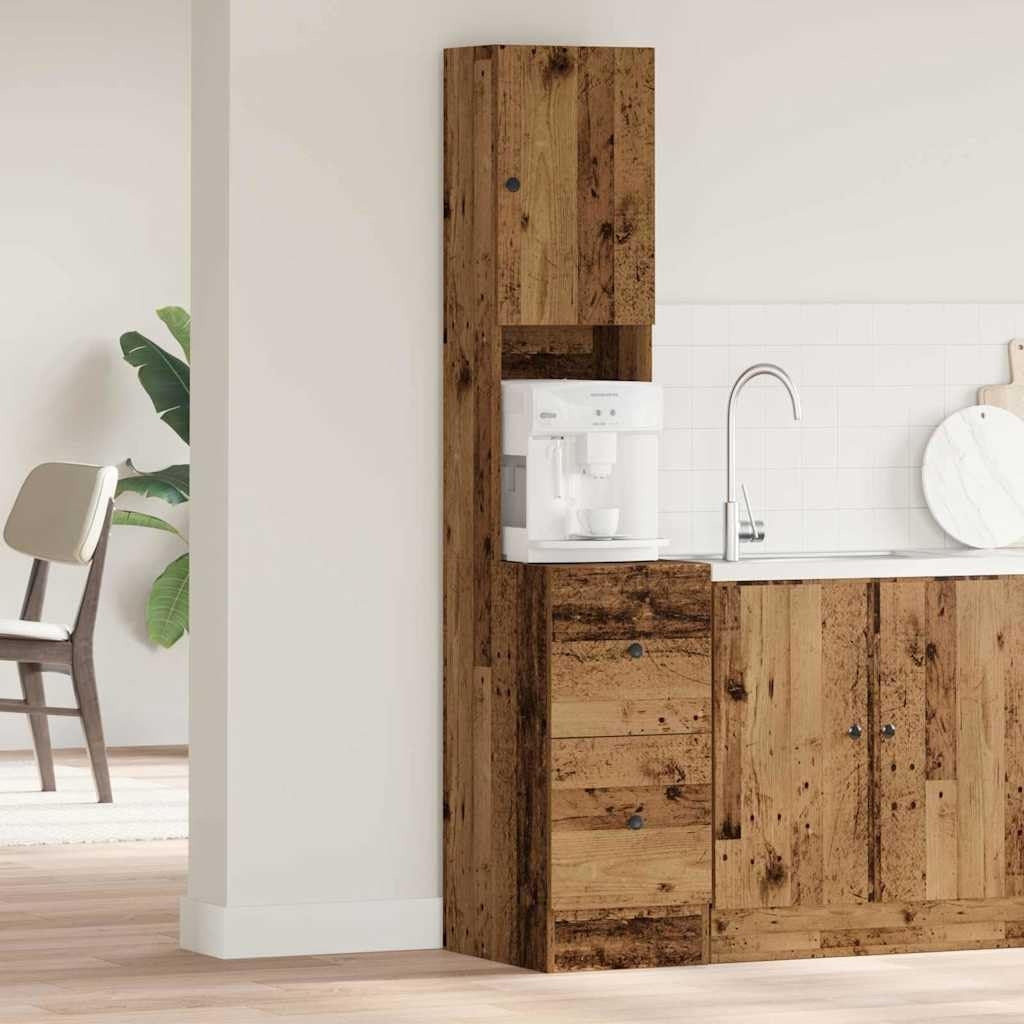 Colonne cuisine bois ancien 180 cm avec tiroir, porte et etageres, rangement ideal pour vaisselle et accessoires