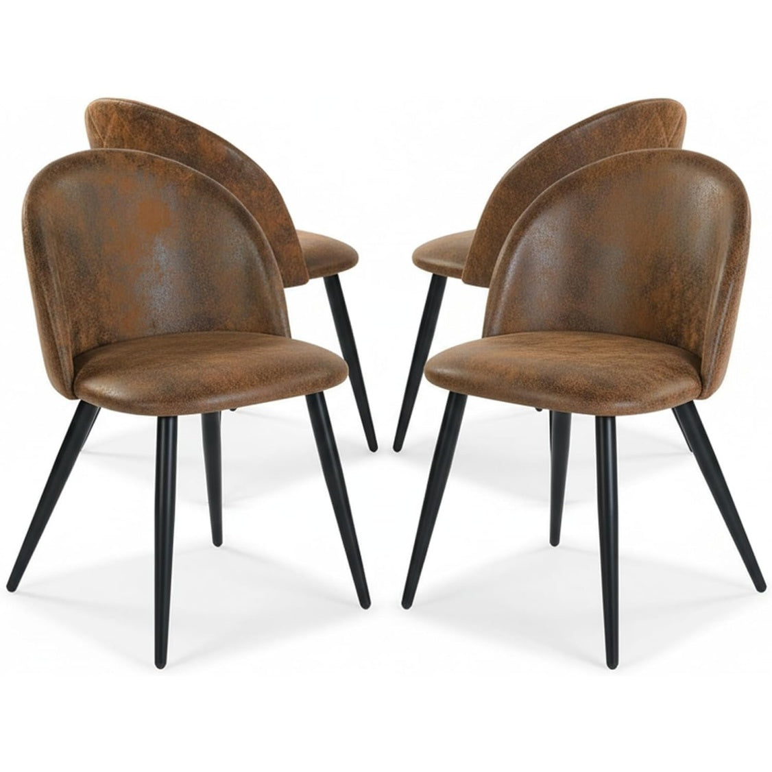 Ensemble de quatre chaises marron en daim avec structure metalique, rembourrage confortable et revetement resistant aux rayures